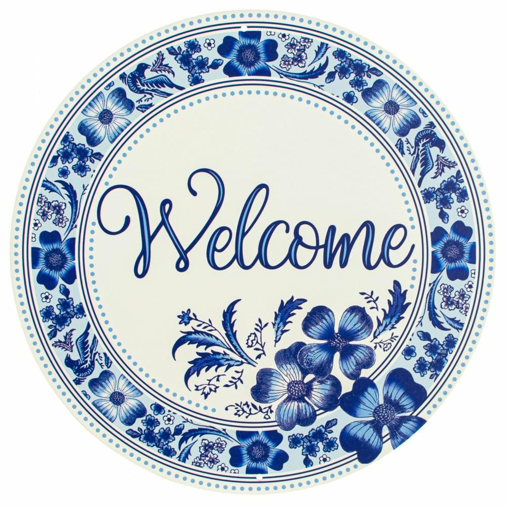 Accent Signs |   12" Metal Sign: Welcome Blue & White Floral Accent Signs Accent Signs