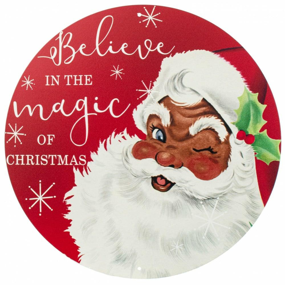 Accent Signs |   12" Round Metal Sign: Brown Santa Believe Accent Signs Accent Signs