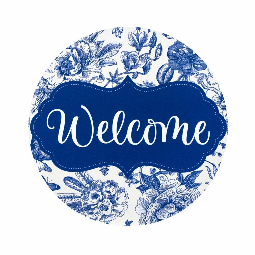 Accent Signs |   8.5" Round Waterproof Sign: Scalloped Welcome Blue Floral Chinoiserie Accent Signs Accent Signs