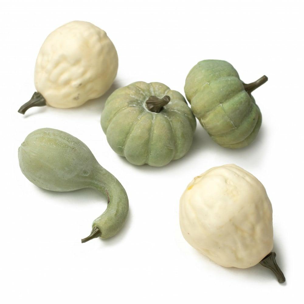 Artificial Fruits And Veggies |   Faux Pumpkin Assortment: Sage Green & Cream (Set Of 5) Artificial Fruits And Veggies Artificial Fruits And Veggies