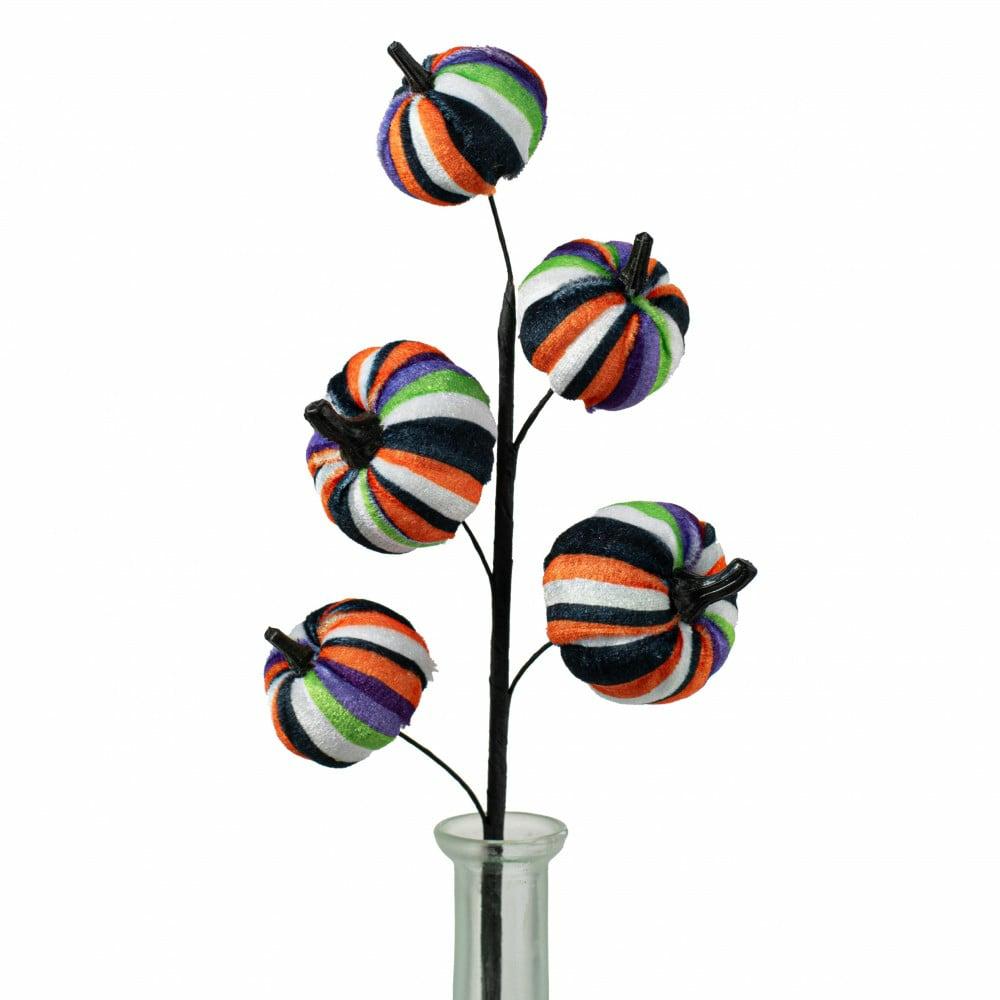 Floral Sprays & Picks |   16" Fabric Stripes Pumpkins Spray: Bright Halloween Accents Black,Green,Orange,Purple,White