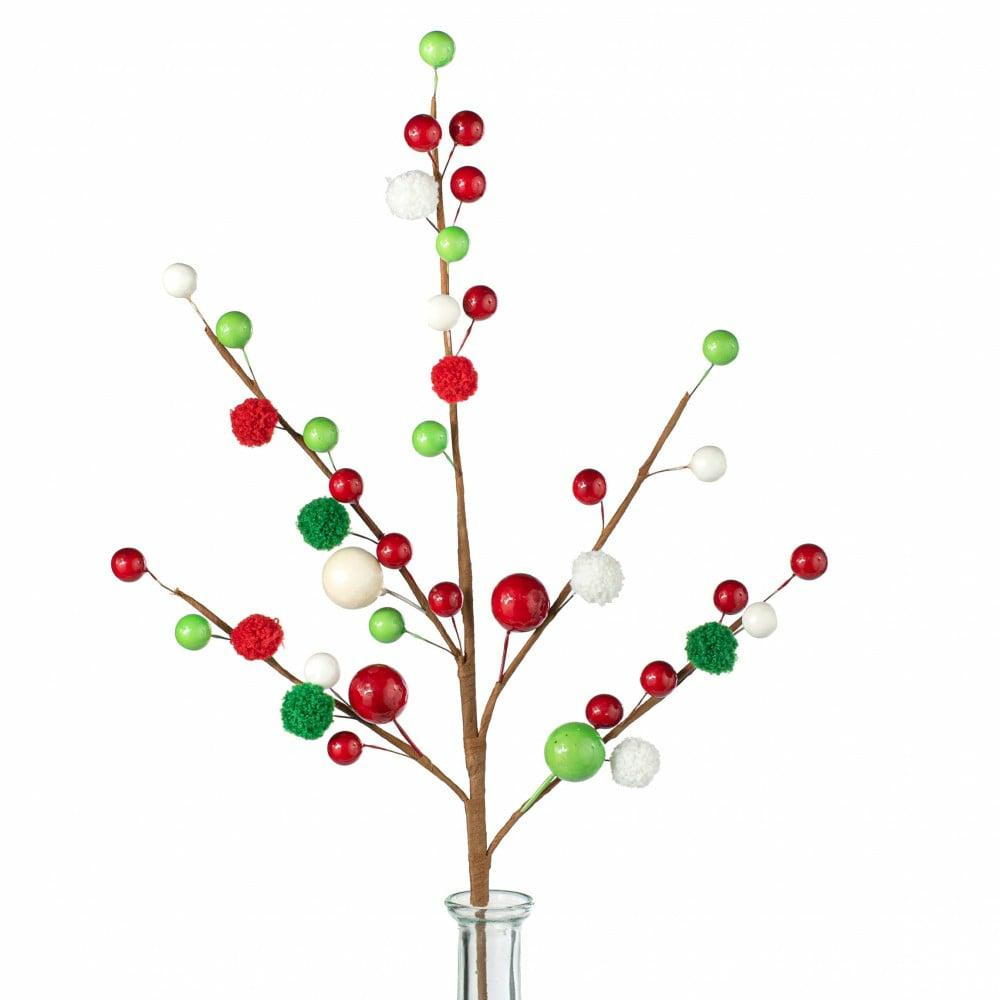 Floral Sprays & Picks |   24" Shiny Fuzzy Mix Ball Pick: Red, Green, White Accents Floral Sprays & Picks