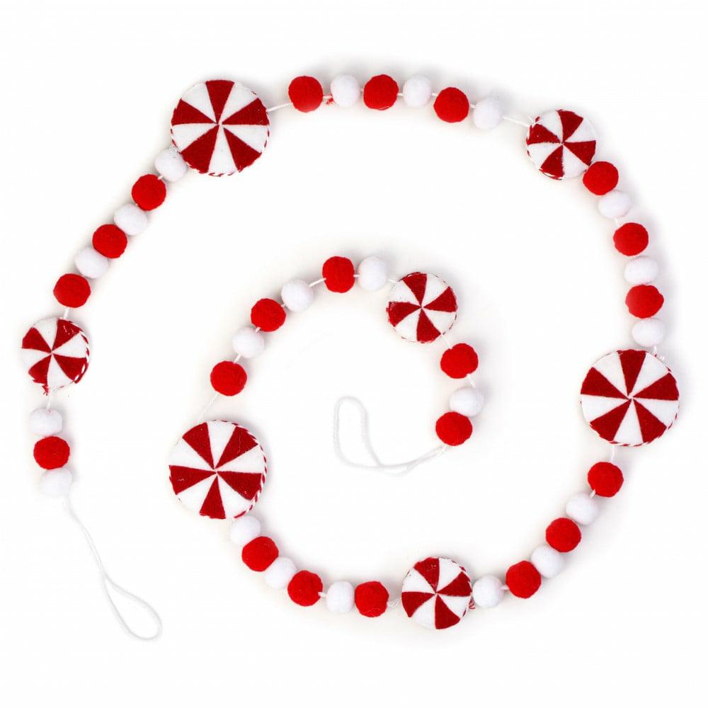 Garland |   5′ Felt Ball Peppermint Garland: Red & White Decor Garland