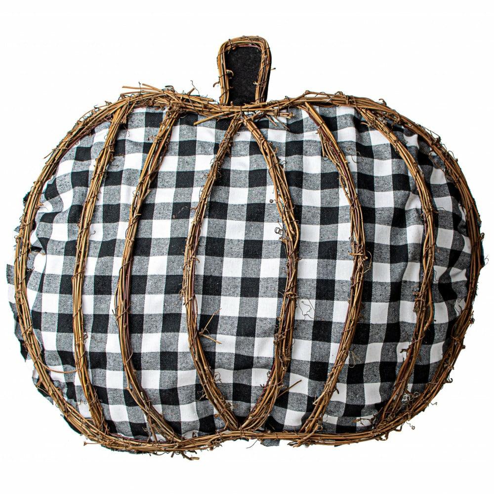 Hanging Decor |   23" Gingham Pumpkin Grapevine Hanger Decor Black,White