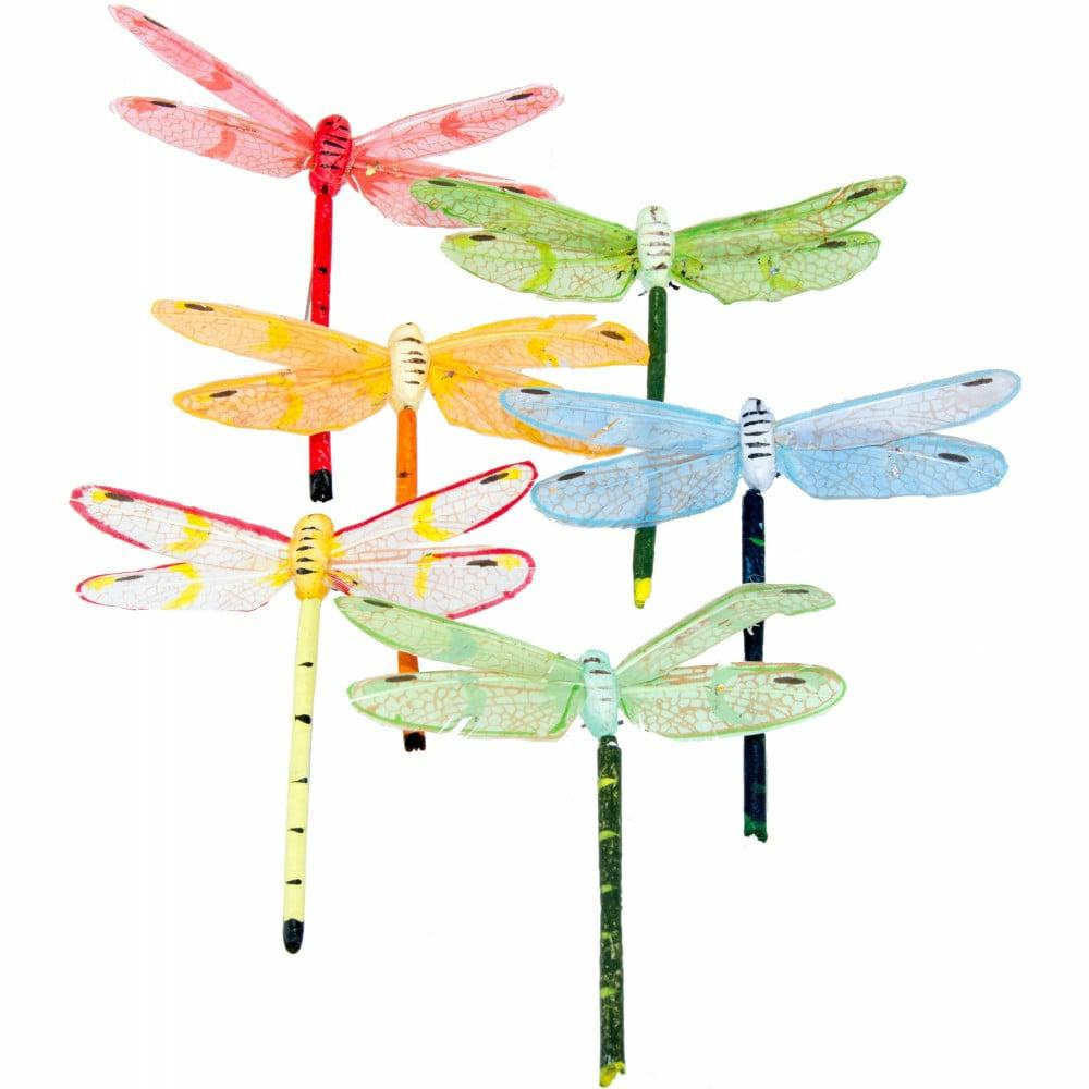 Naturals |   4.25" Feather Dragonfly Pick: Pastel Assortment (12) Accents Green,Lime Green,Blue,Yellow,Orange,Red