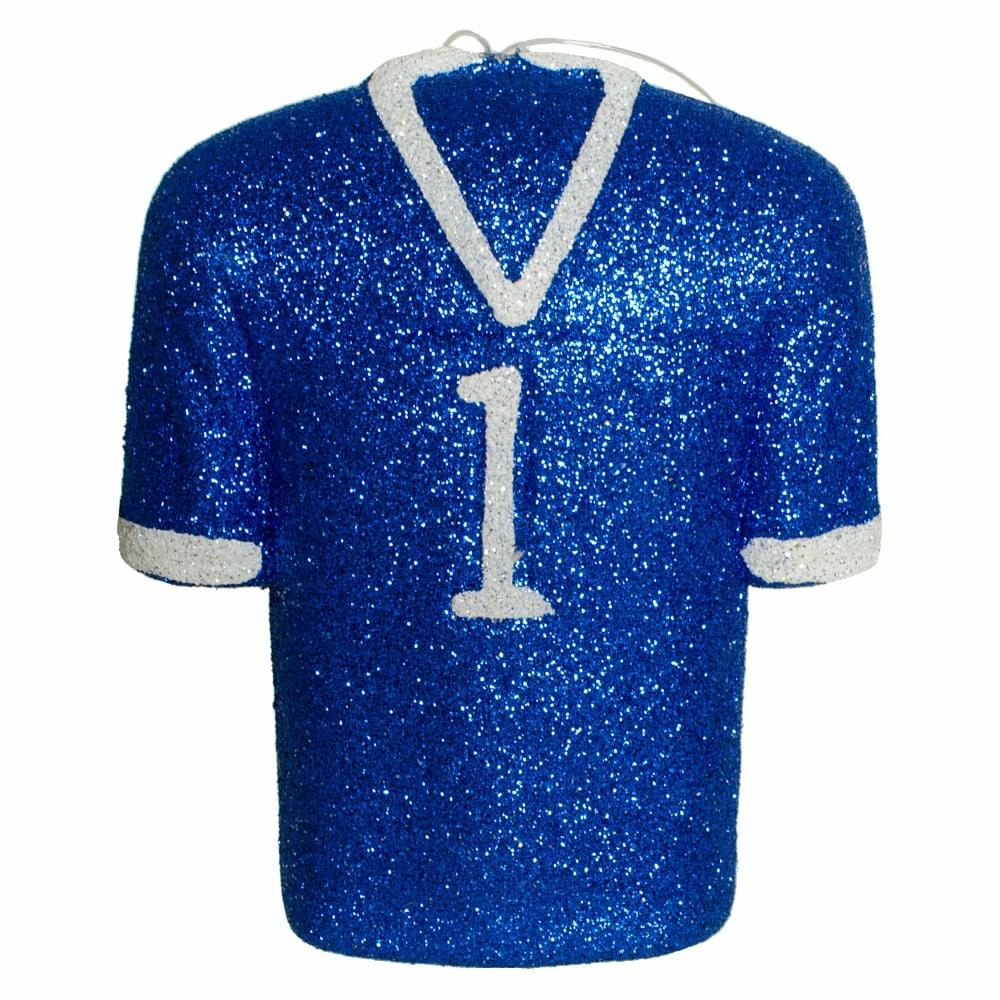 Ornaments |   4.5" Metallic Glittered Football Jersey Ornament: Royal Blue & White Accents Ornaments