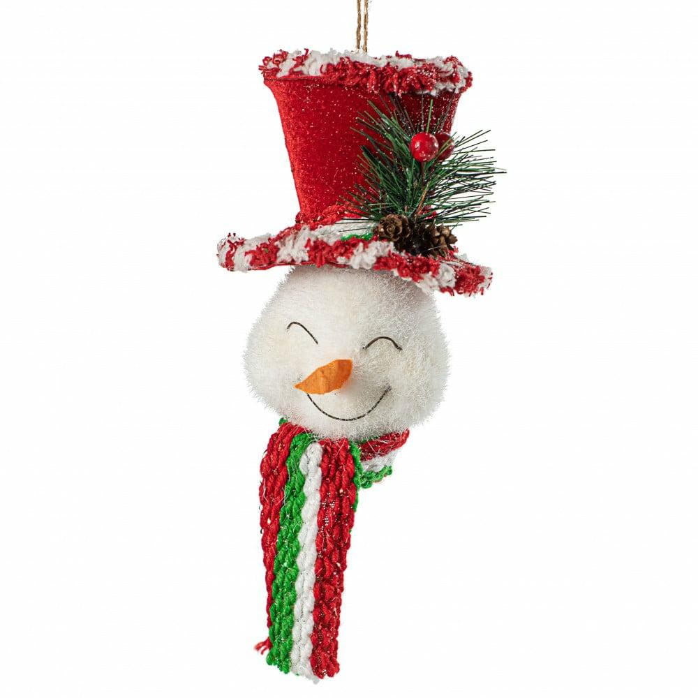 Ornaments |   7" Cheerful Snowman Head Ornament Accents Bright Green,Green,Red,White,Black,Orange,Brown