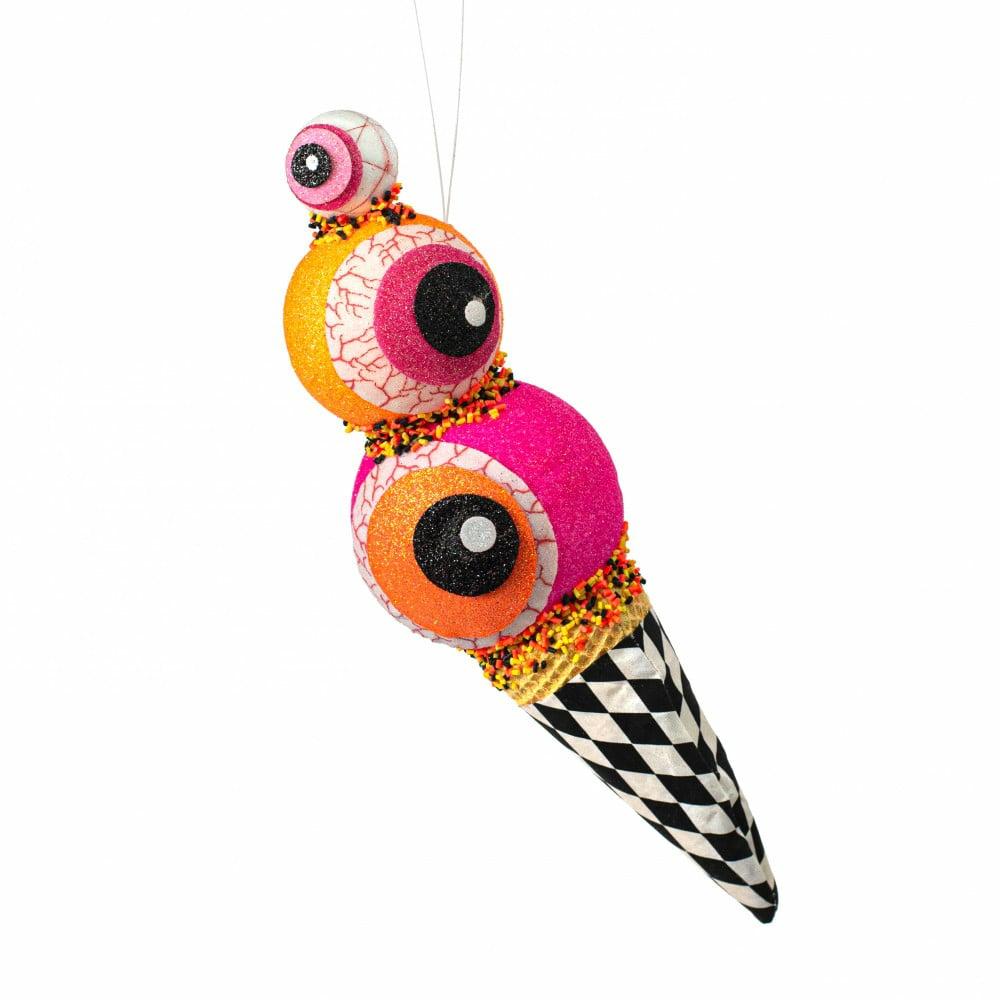 Wreath Enhancements |   13" Eyescream Ornament: Harlequin Eyeballs Ice Cream Accents Neon Orange,Hot Pink,Black,White