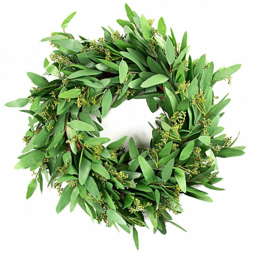 Wreaths |   22" Long Leaf Seeded Eucalyptus Wreath Decor Green