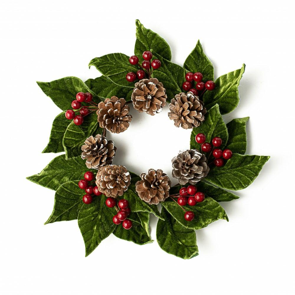 Wreaths |   10" Velvet American Holly & Pinecone Wreath Decor Dark Olive Green,Brown,Red,White