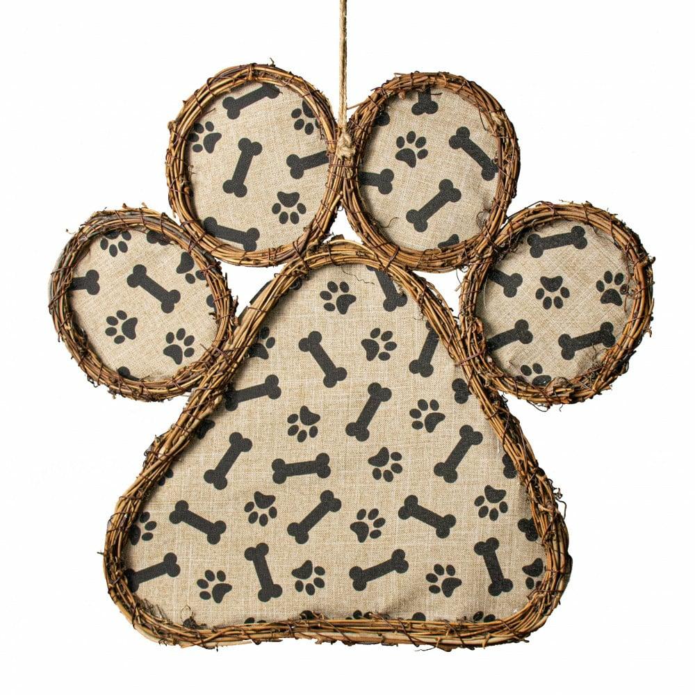 Door Decor |   15" Grapevine Hanger: Bones Paw Print Decor Brown,Black,Tan