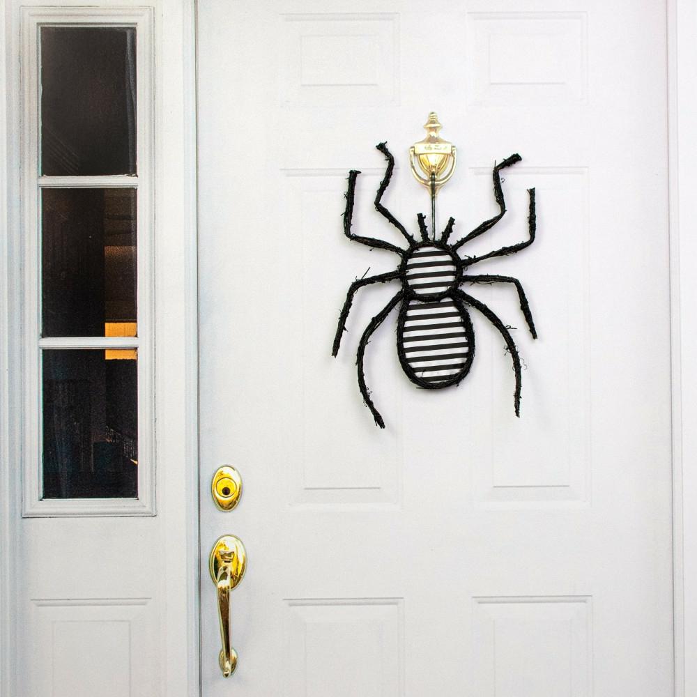 Door Decor |   23" Grapevine Hanger: Black & White Stripe Spider Decor Black,White