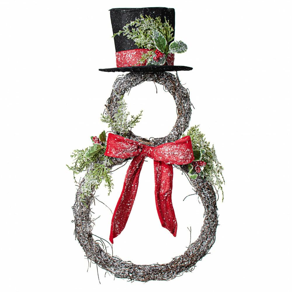 Door Decor |   24" Iced Grapevine Snowman Wreath Decor Brown,Black,Red,White,Green